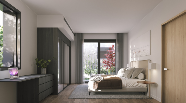 3d rendering of a bedroom with wood floors and a bed.