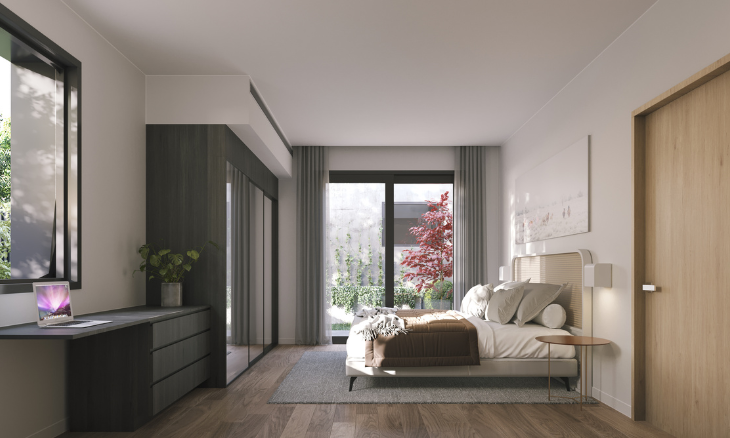 3d rendering of a bedroom with wood floors and a bed.
