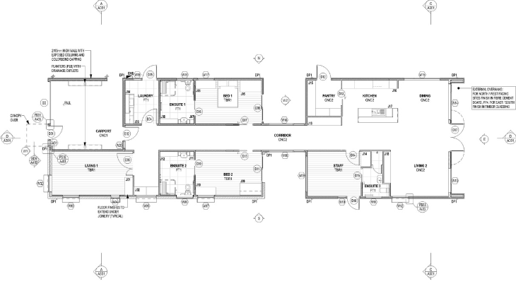 A floor plan of a house with two bedrooms and a bathroom.