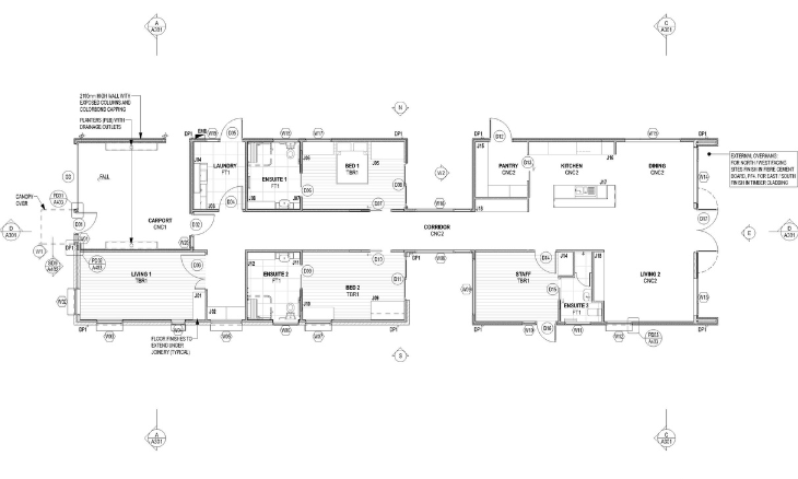 A floor plan of a house with two bedrooms and a bathroom.