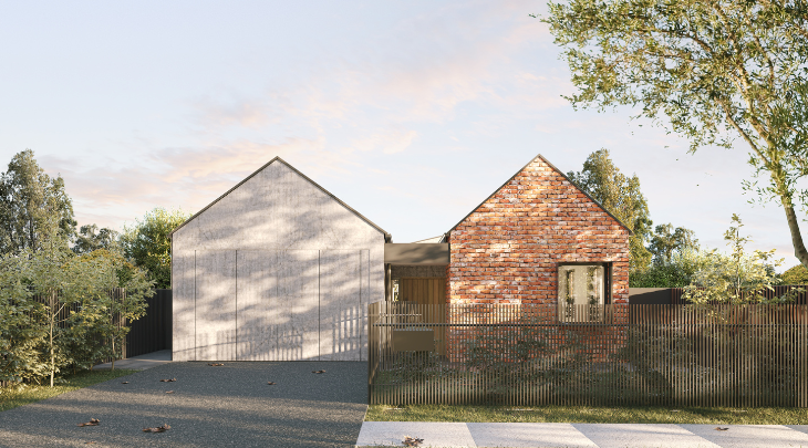 A rendering of a brick house with a garage.