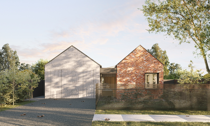 A rendering of a brick house with a garage.