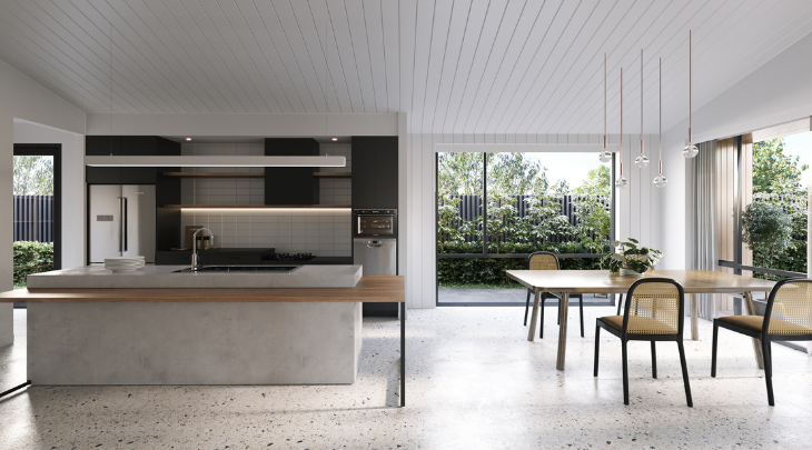 A modern kitchen with a dining table and chairs.