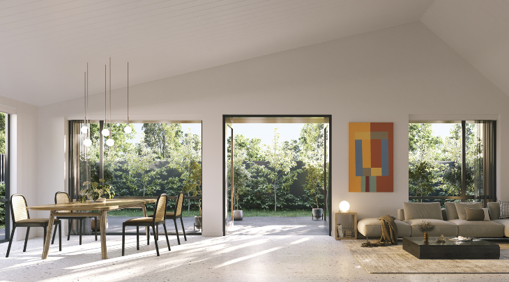 A living room with large windows and a dining table.