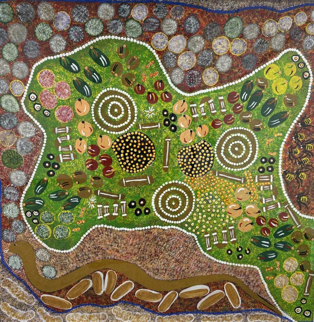 A painting of an aboriginal landscape.