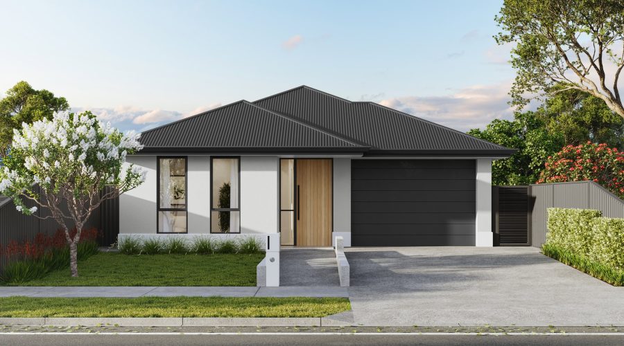 Modern single-story house with white walls, black roof, and wooden front door. A driveway leads to a closed garage. A small tree and garden border the front lawn.