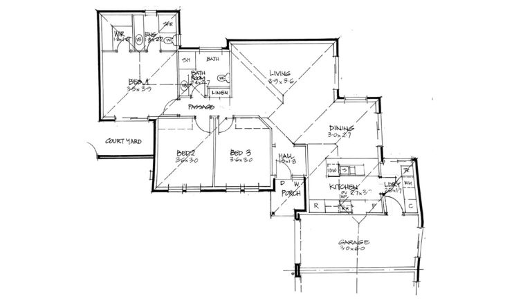 A floor plan for a house with two bedrooms and two bathrooms.
