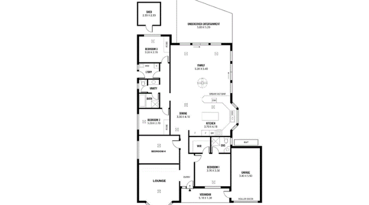 A floor plan of a house with two bedrooms and two bathrooms.