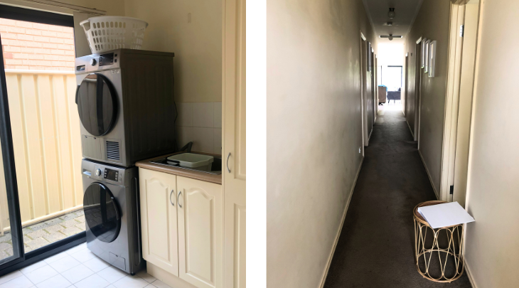 Two photos of a hallway with a washing machine and dryer.