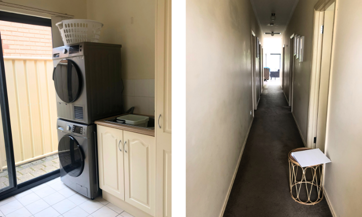 Two photos of a hallway with a washing machine and dryer.