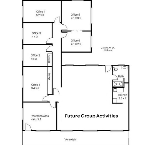 Floor plan showing 6 offices and a large area for NDIS group activities