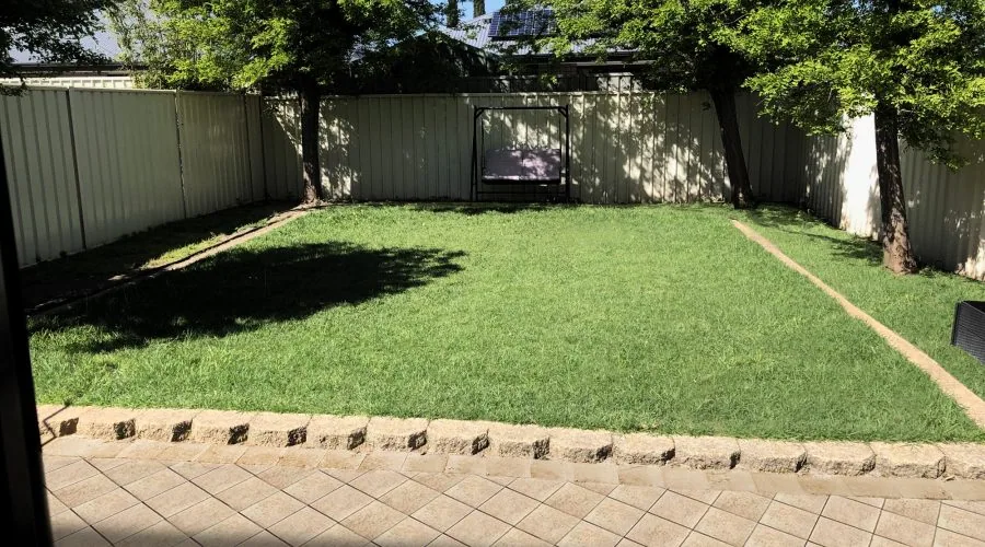 A backyard with a neatly trimmed lawn, a paved patio in the foreground, and trees and bushes along the wooden fence at the far end. A trampoline is positioned near the back fence.