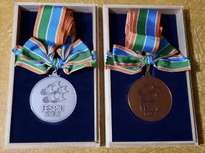 Two medals in a box with ribbons on them.