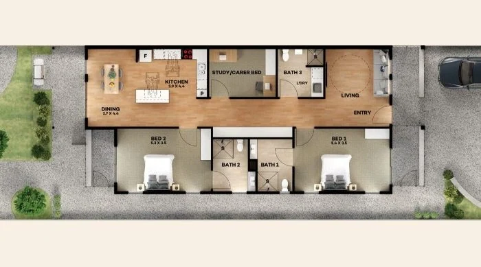 Floor plan of a single-story house featuring a dining area, kitchen, living room, study/guest room, three bedrooms, three bathrooms, and a carport. A driveway runs alongside the house.