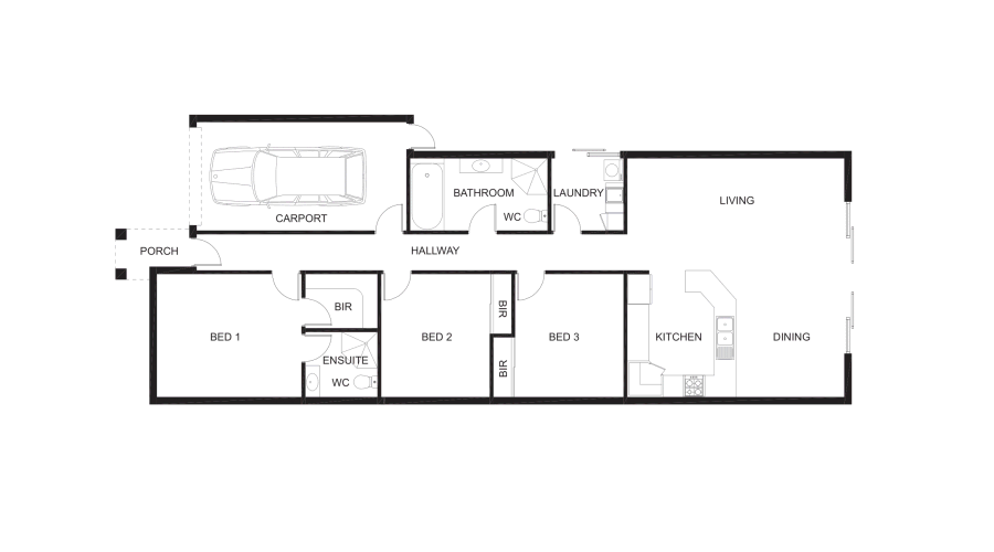 A floor plan showing a carport, porch, living and dining area, kitchen, three bedrooms (one with ensuite and BIR), a bathroom, WC, laundry, and hallway.