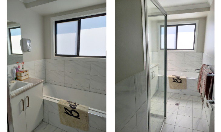 Two pictures of a bathroom with a bathtub and shower.