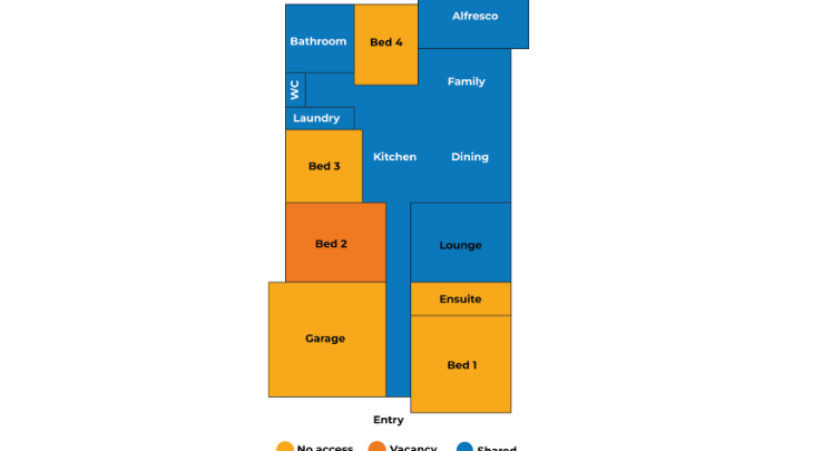 A floor plan of a house with blue and orange colors.