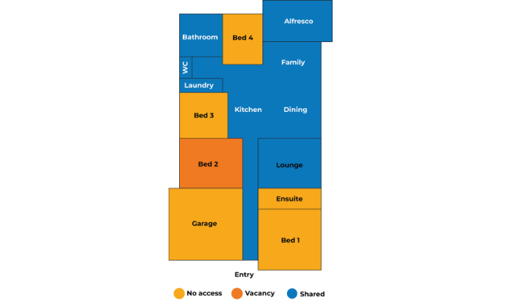 A floor plan of a house with blue and orange colors.