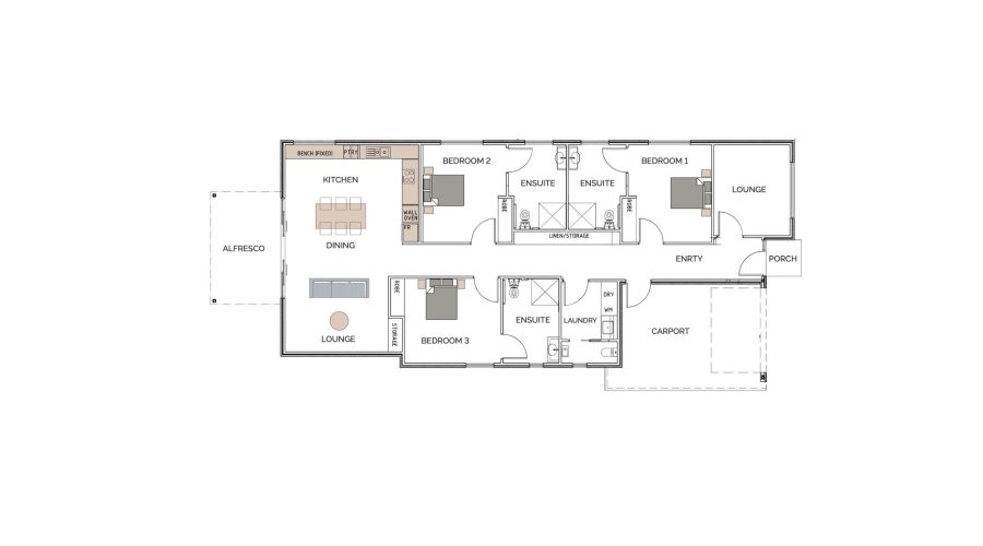 Floor plan of a house showing three bedrooms, lounge, kitchen, dining area, alfresco, entry, porch, carport, and laundry. Two bedrooms have ensuite bathrooms.