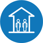 An icon of two people standing in front of a house in a blue circle.