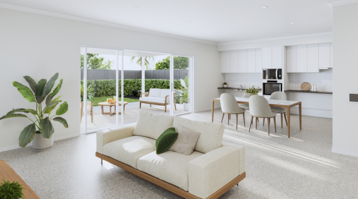 A 3d rendering of a living room and kitchen.