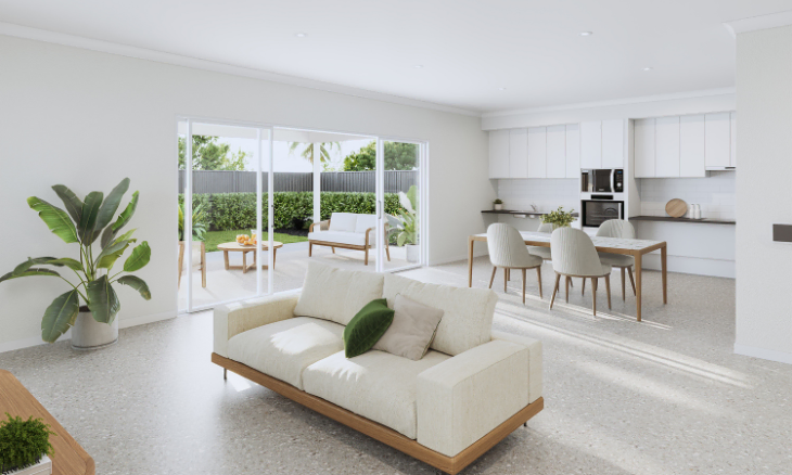 A 3d rendering of a living room and kitchen.