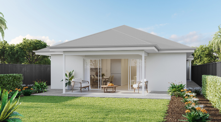 A rendering of a home with a lawn and trees.