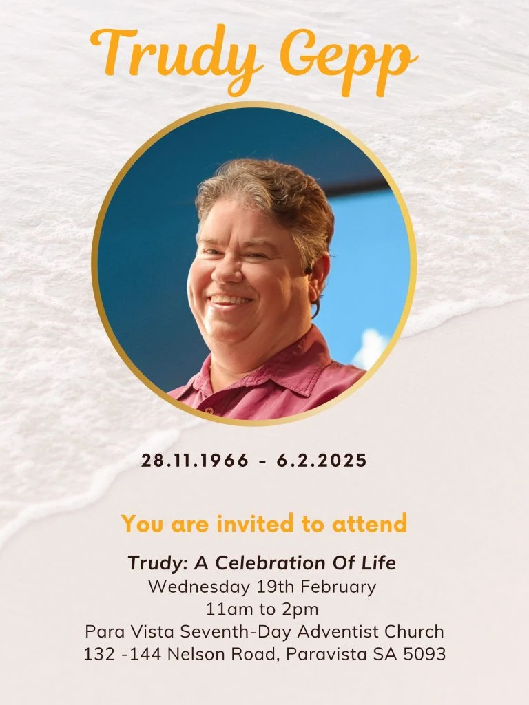 Commemorative invitation with a smiling person, announcing "Trudy: A Celebration of Life" on February 19th, 11am-2pm, at Para Vista Seventh-Day Adventist Church, Paravista, SA.