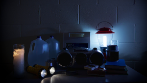 A group of items on a table in a dark room.