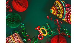 Christmas decorations on a green background.