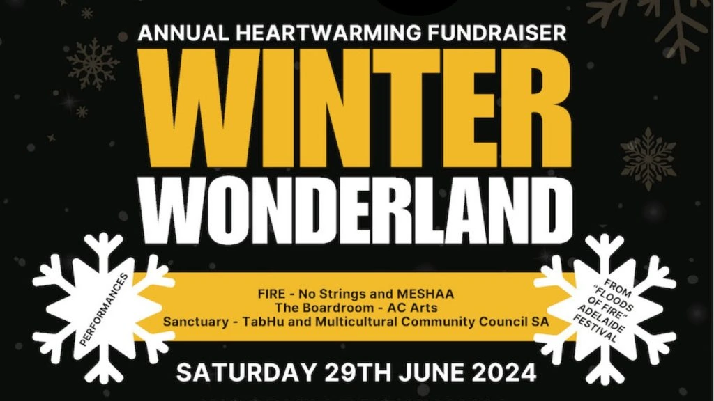 Poster advertising the 'Winter Wonderland' annual fundraiser on June 29, 2024, featuring performances by FIRE, No Strings and MESHAA, and more, at The Boardroom, AC Arts.