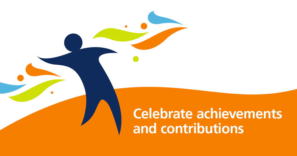 Navy blue person figure against a white and orange background with orange, blue and green shapes either side. Text reads ‘Let’s celebrate, International Day of People with Disability 2022