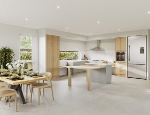 A 3d rendering of a kitchen and dining room.