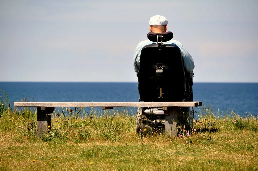 A person in a wheelchair sits on grass by the sea, facing the horizon under a clear sky.