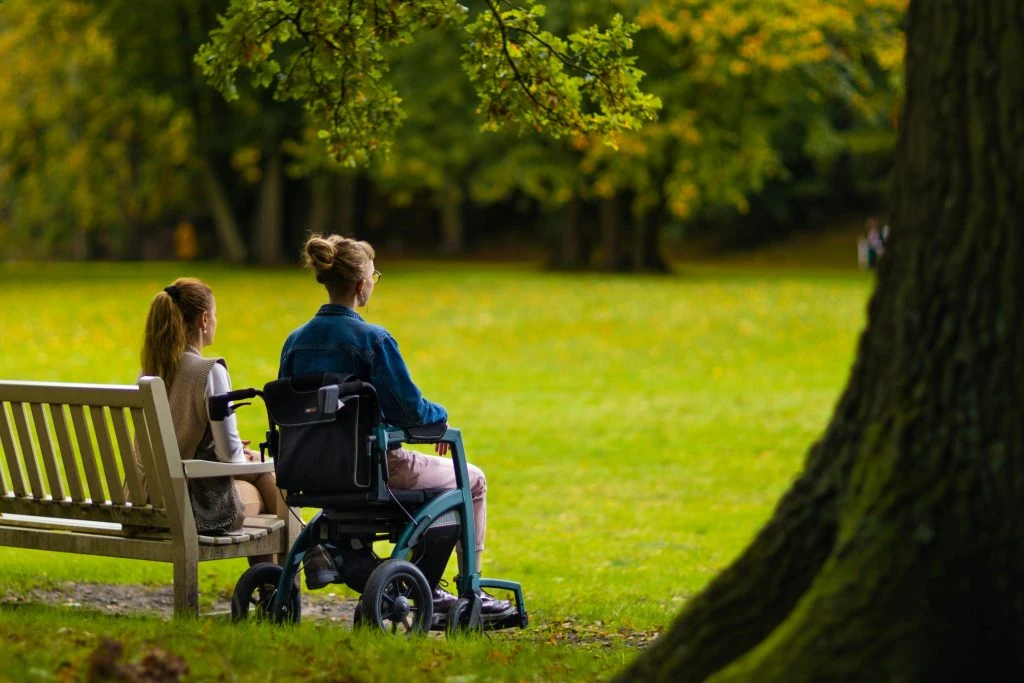 Two people sit on a park bench, one in a wheelchair, under a large tree on a grassy field.