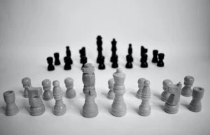 A black and white photo of a group of chess pieces.
