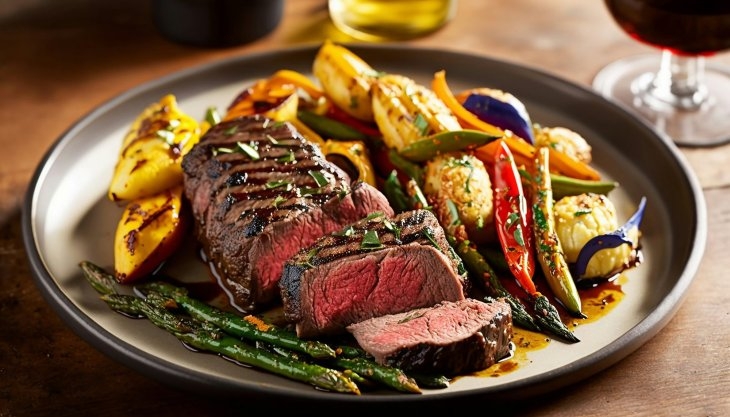 A plate with sliced medium-rare beef, grilled asparagus, bell peppers, potatoes, and onions garnished with herbs.