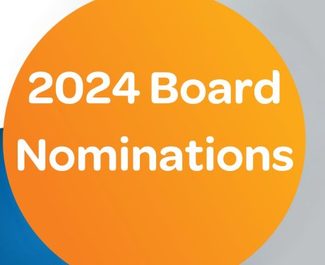 2024 Board Nominations" text on a background with overlapping orange and blue circles.