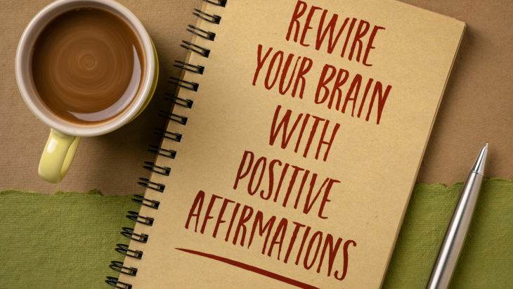 A notebook with a cup of coffee and the words renew your brain with positive affirmations.