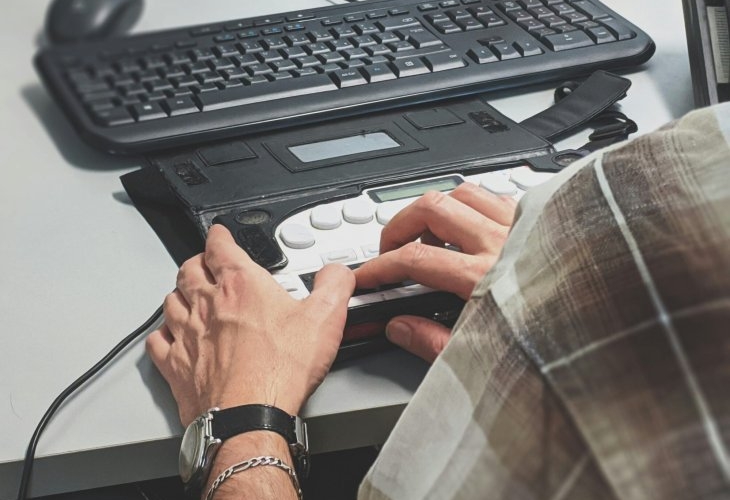 A person using a braille display and keyboard on a desk, with focus on their hands and wrists.