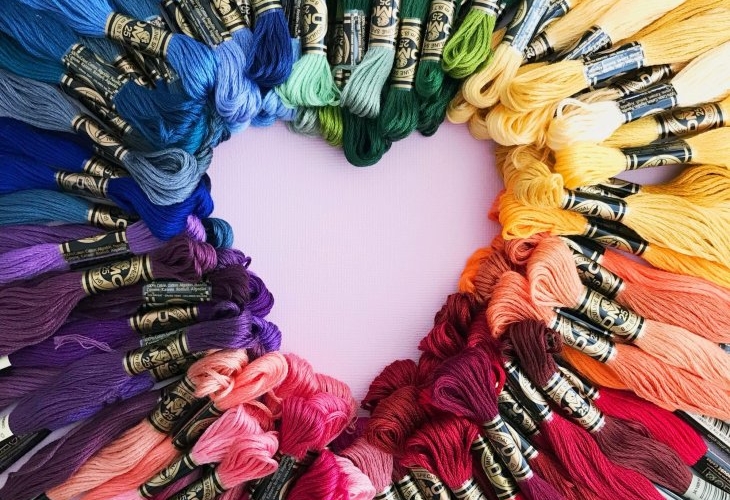 A heart shaped arrangement of colorful embroidery threads.