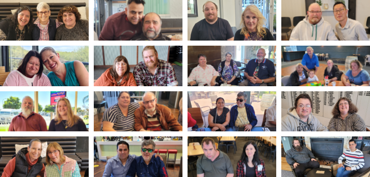 16 individual images all together of Enhanced Lifestyles customers at Lifestyle Lunches and Coffee Clubs