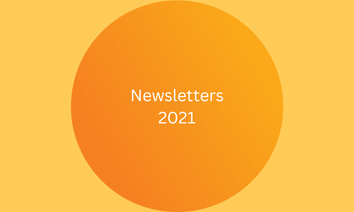 Orange circle graphic with the text "newsletters 2021" against a gradient background.