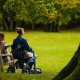 Two people sit on a park bench, one in a wheelchair, under a large tree on a grassy field.