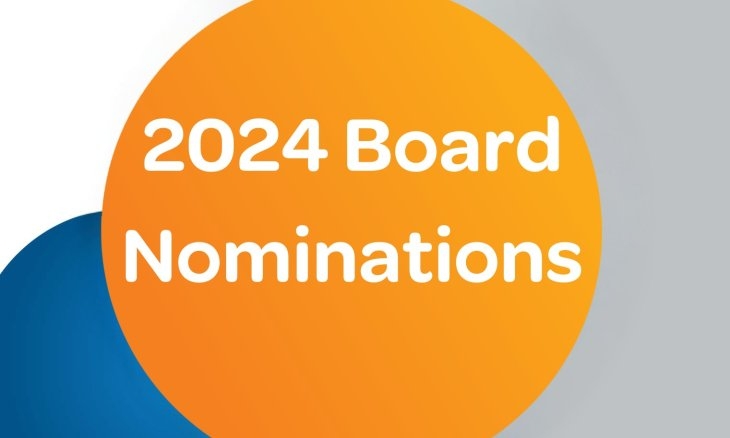 2024 Board Nominations" text on a background with overlapping orange and blue circles.