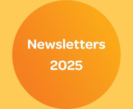 Orange circle on yellow background with the text "Newsletters 2025.