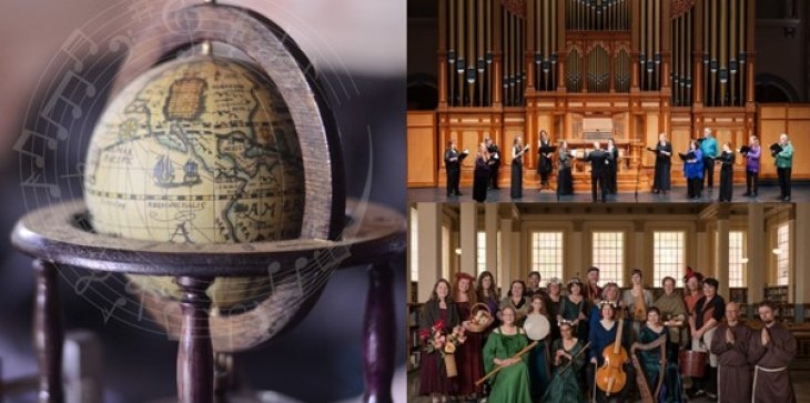 A group of people in front of an organ and a globe.