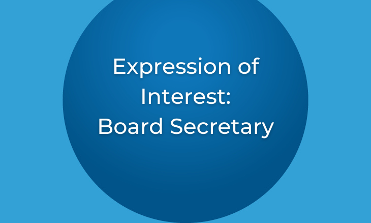 Navy blue circle with white text that says "Expression of interest: Board Secretary"