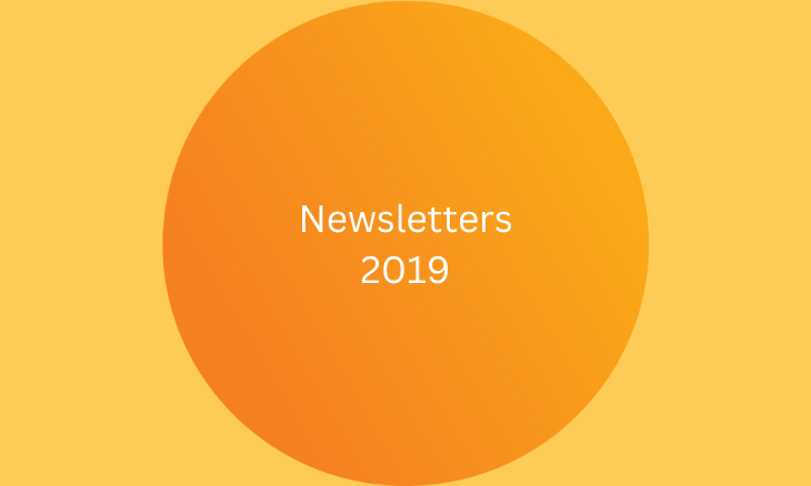 A graphic with an orange circle on a yellow background, labeled "newsletters 2019".