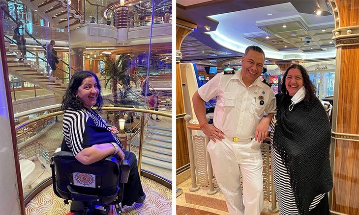 Two images side by side, left image is of an NDIS participant sitting on a mobility scooter on a cruise ship and right photo is the same person standing next to the captain in his dress uniform